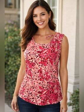 Bob Mackie Studio Sleeveless Top S L Floral Animal Print Stretch Tie Accent Pink